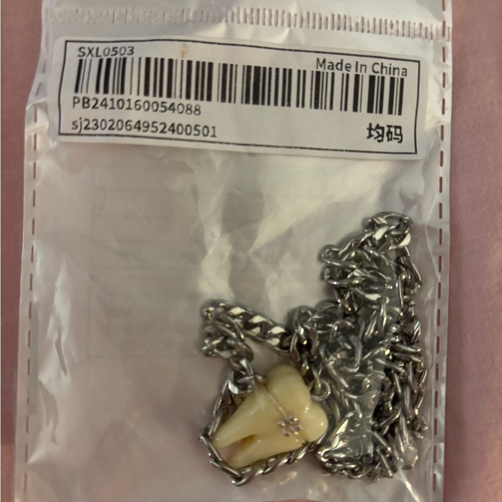 Silver Chain Necklace with Braced Tooth Pendant.